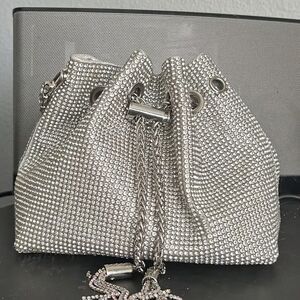 Rhinestone Bucket Bag Silver Crystal Drawstring Pouch Evening Clutch Top Handle